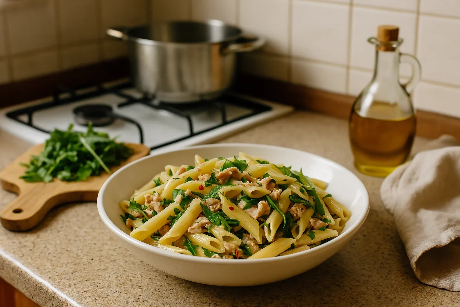 Penne pasta with chicken and fresh greens on a kitchen countertop, with chopped herbs and olive oil in the background.