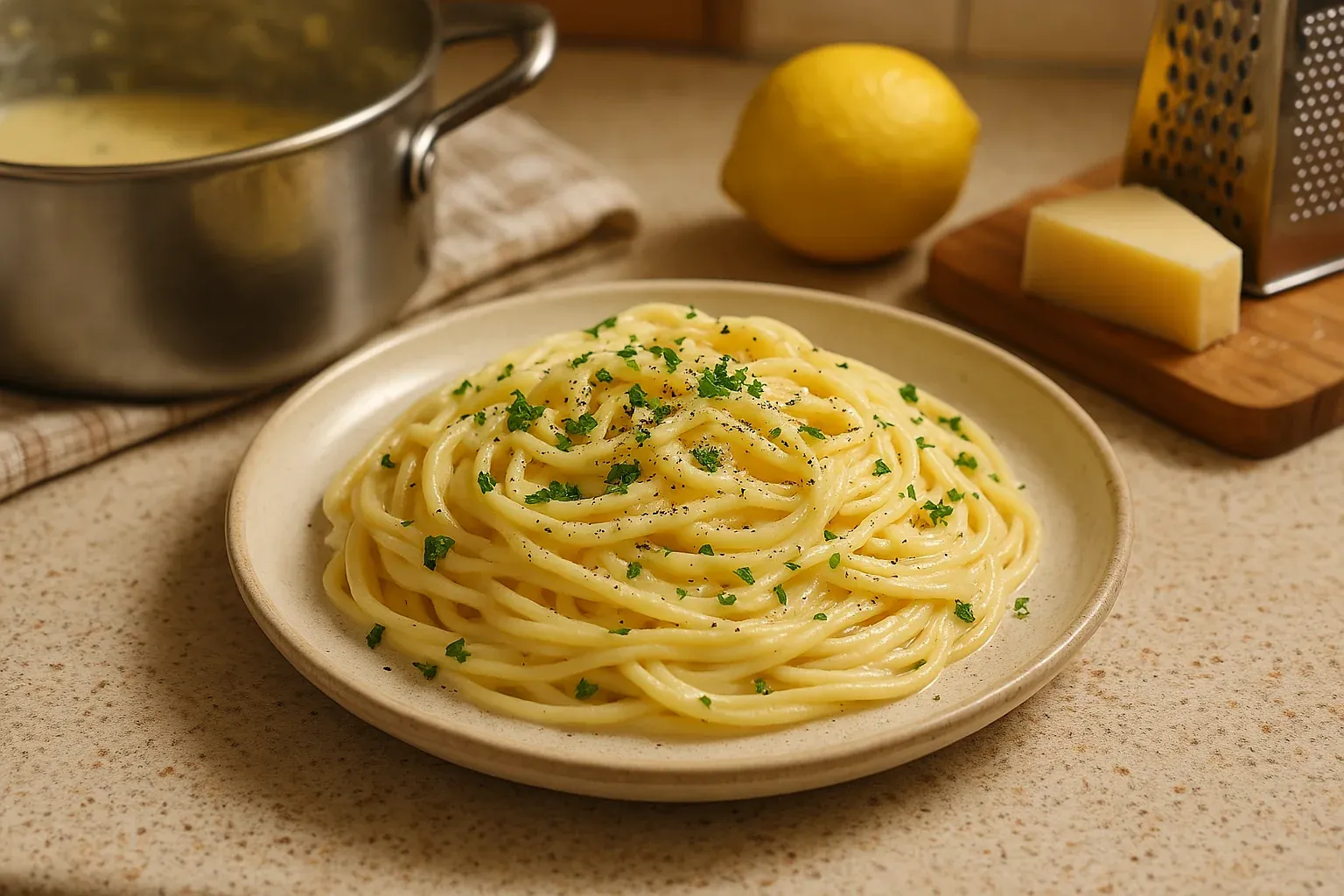 A plate of creamy pasta garnished with fresh parsley, accompanied by a lemon and a block of cheese on a recipes website.