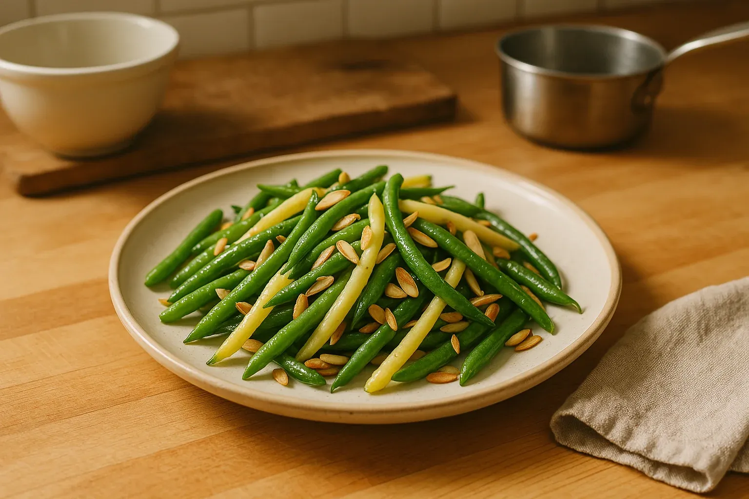 Green and yellow beans topped with toasted almonds on a white plate, set on a wooden countertop.