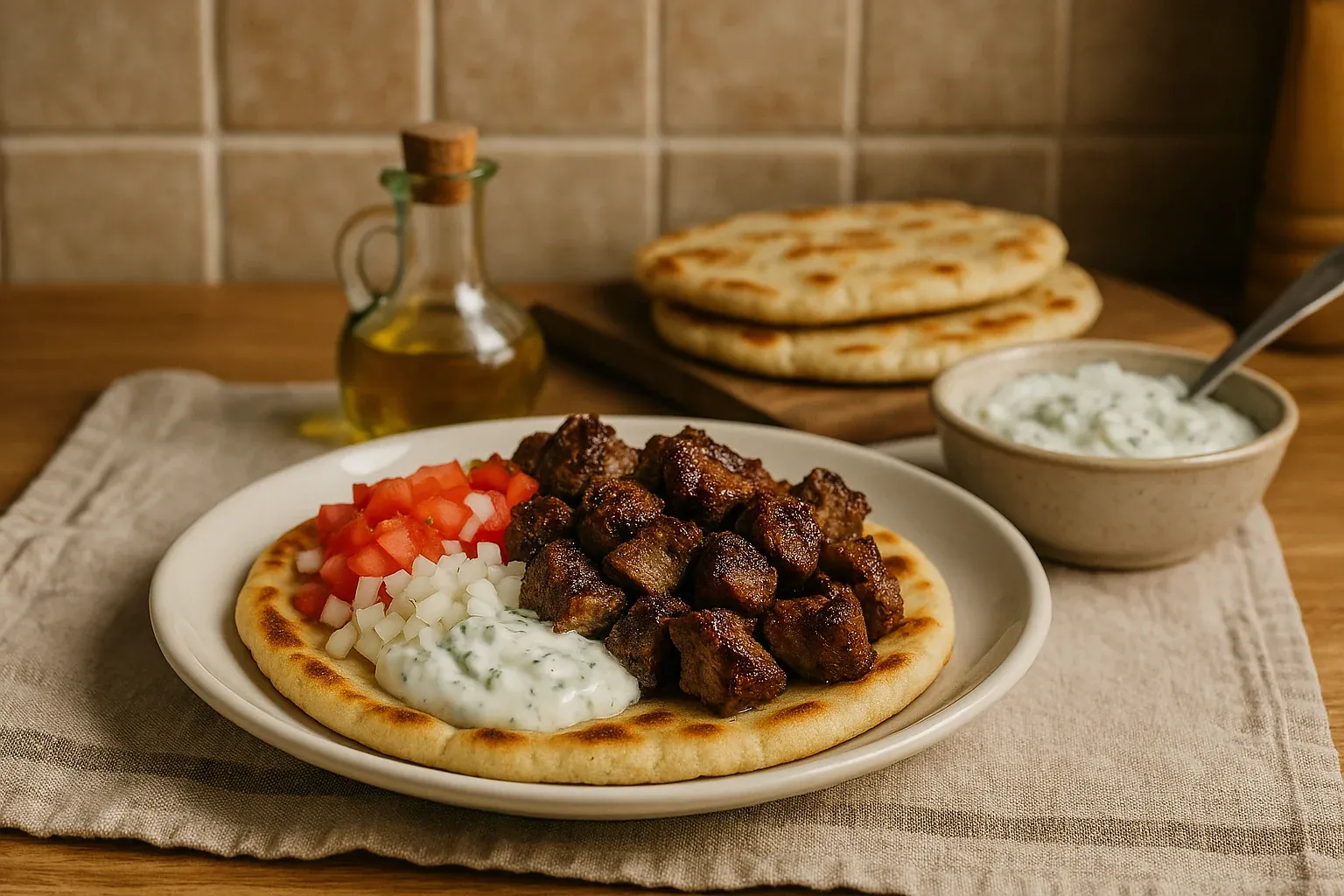 Greek-style pita topped with marinated lamb cubes, diced tomatoes, onions, and tzatziki sauce, served with extra pita and olive oil.
