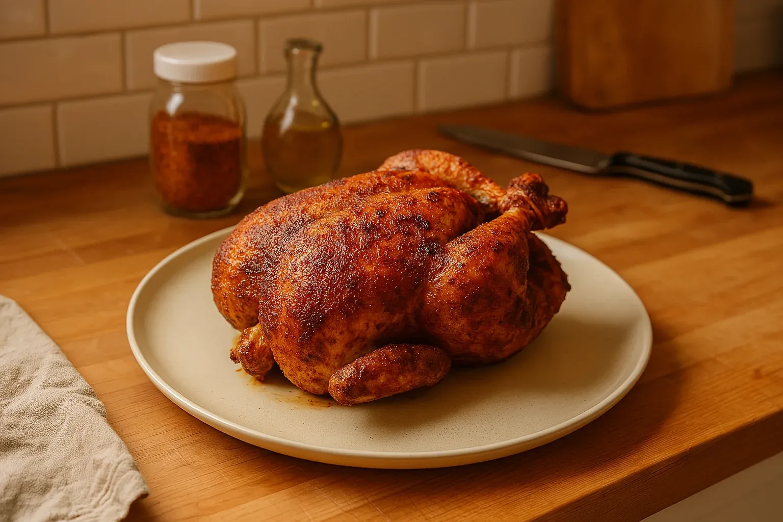 Golden brown roasted chicken served on a plate, with seasoning jars and a knife in the background, ideal for a recipe website.