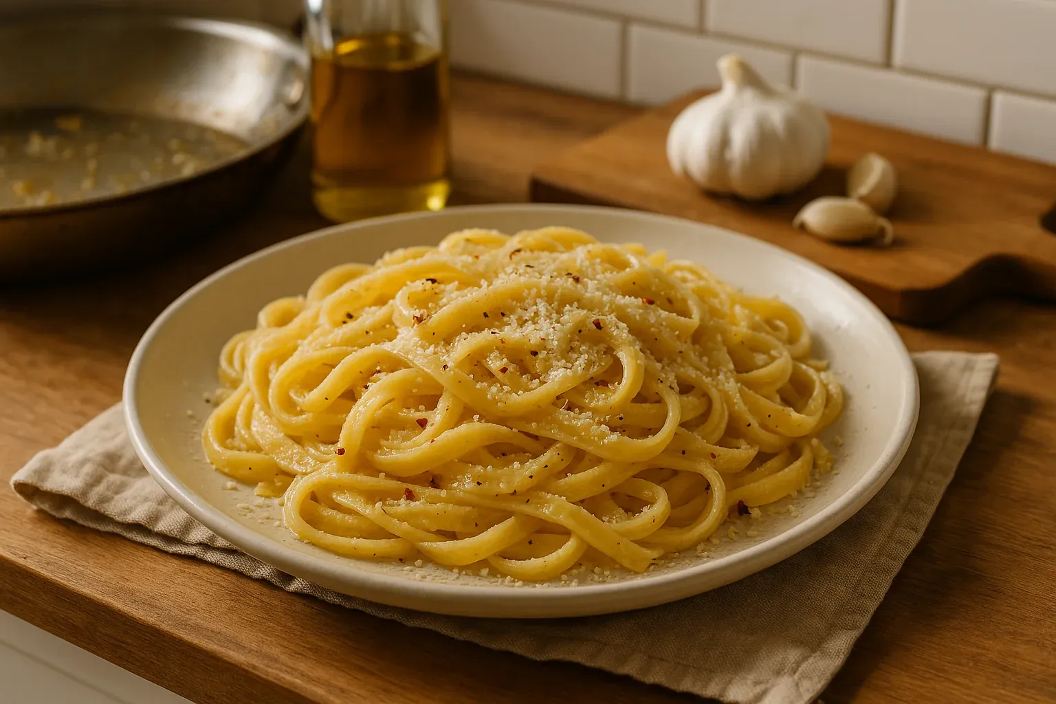 Creamy pasta dish garnished with grated cheese and black pepper, served on a plate with garlic and olive oil in the background.