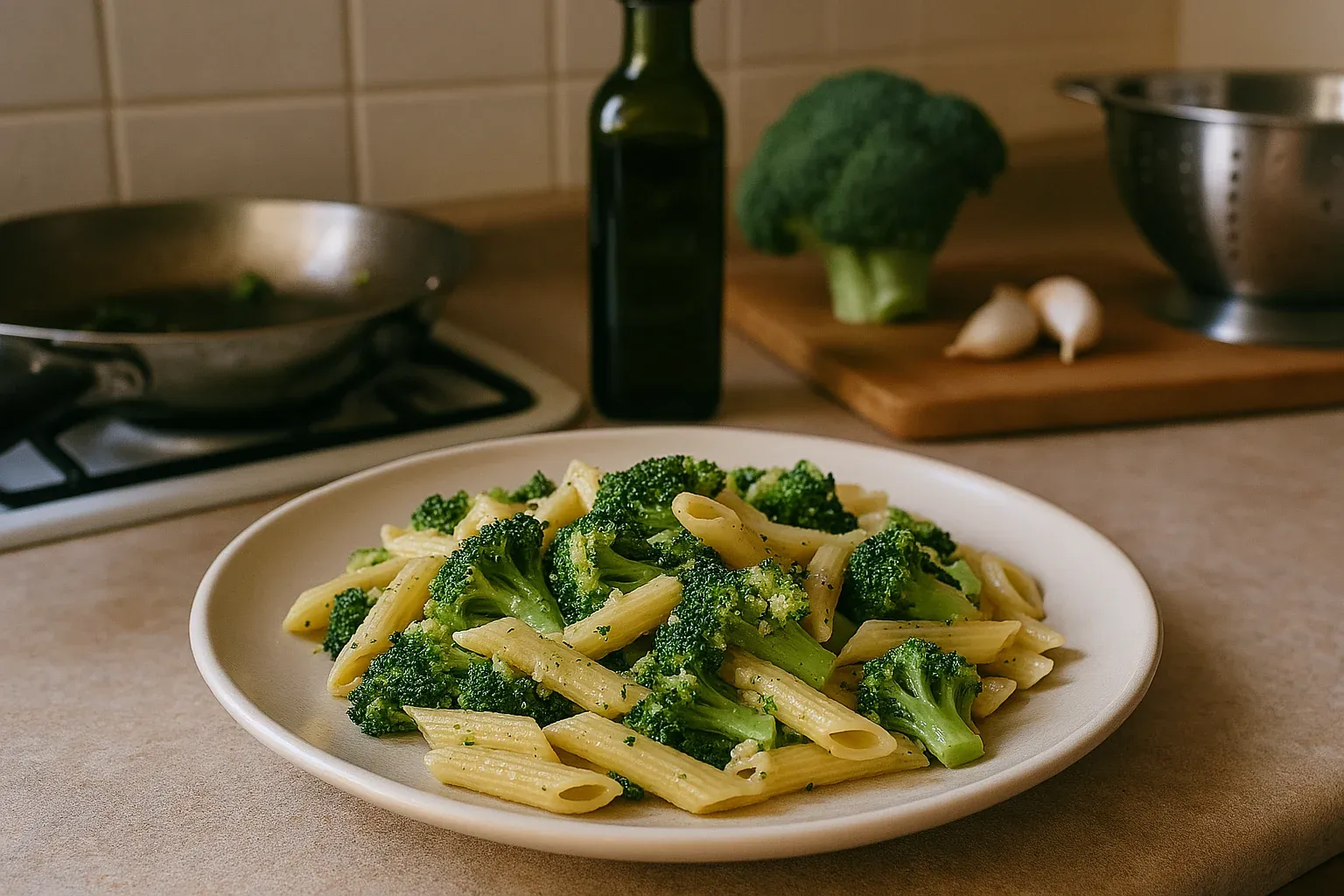 Penne pasta with broccoli served on a white plate, with fresh broccoli, garlic, and olive oil in the background on a kitchen counter.