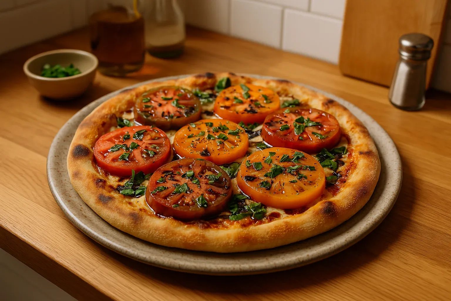 Heirloom tomato pizza topped with fresh basil and a drizzle of balsamic glaze on a stoneware plate.