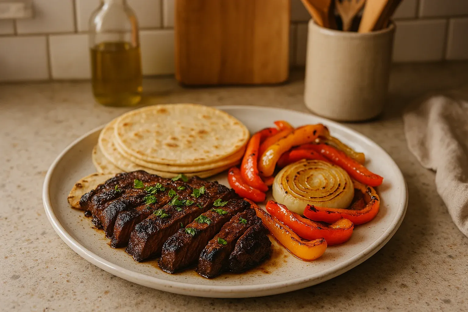 Grilled steak slices, sautéed bell peppers and onions, and flour tortillas on a plate, ideal for fajitas.