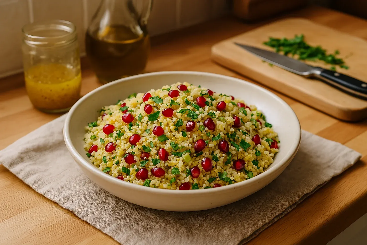 Bulgur salad with fresh herbs and pomegranate seeds in a white bowl, with olive oil and chopped herbs on a cutting board in the background.