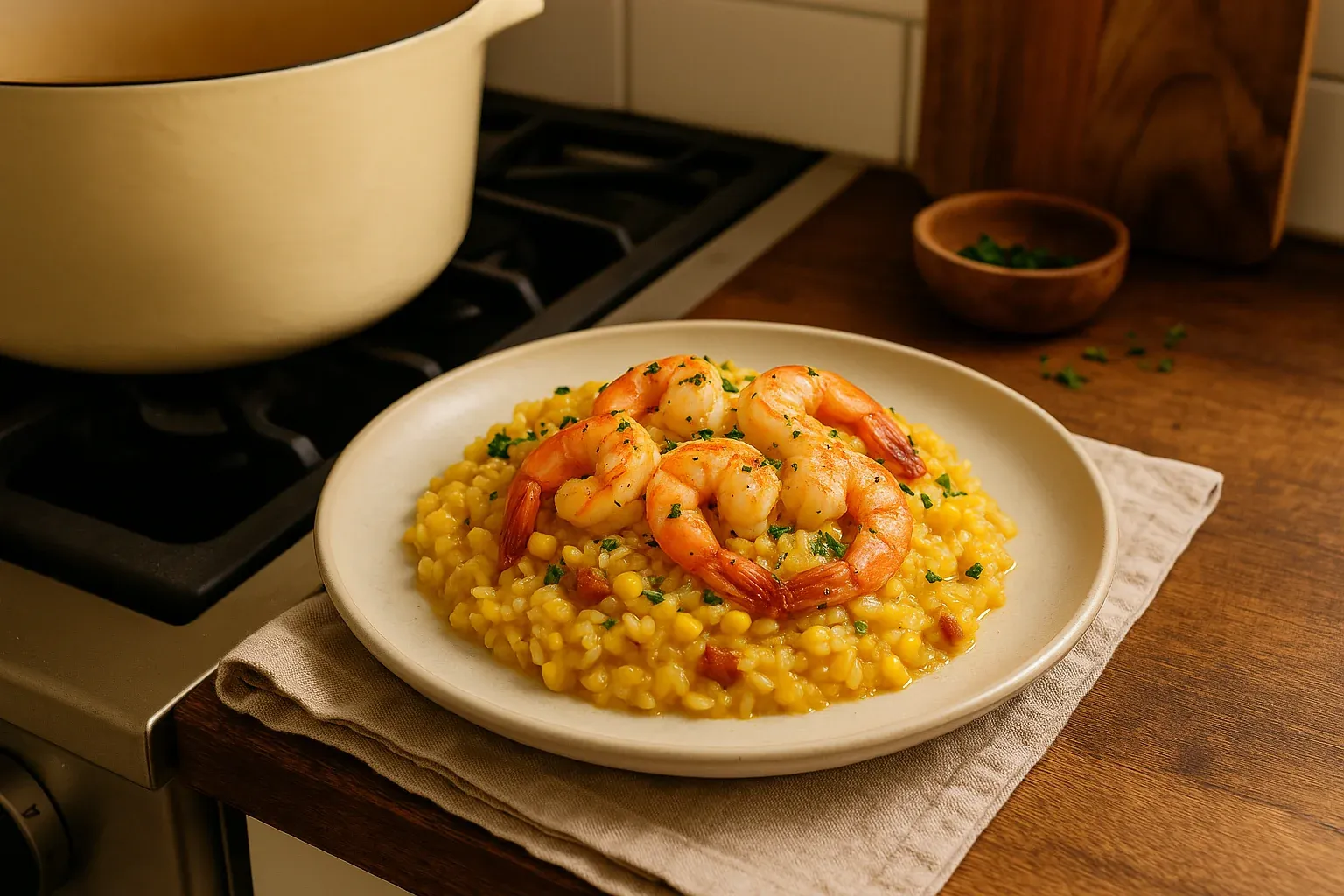Creamy corn risotto topped with succulent shrimp garnished with fresh parsley.