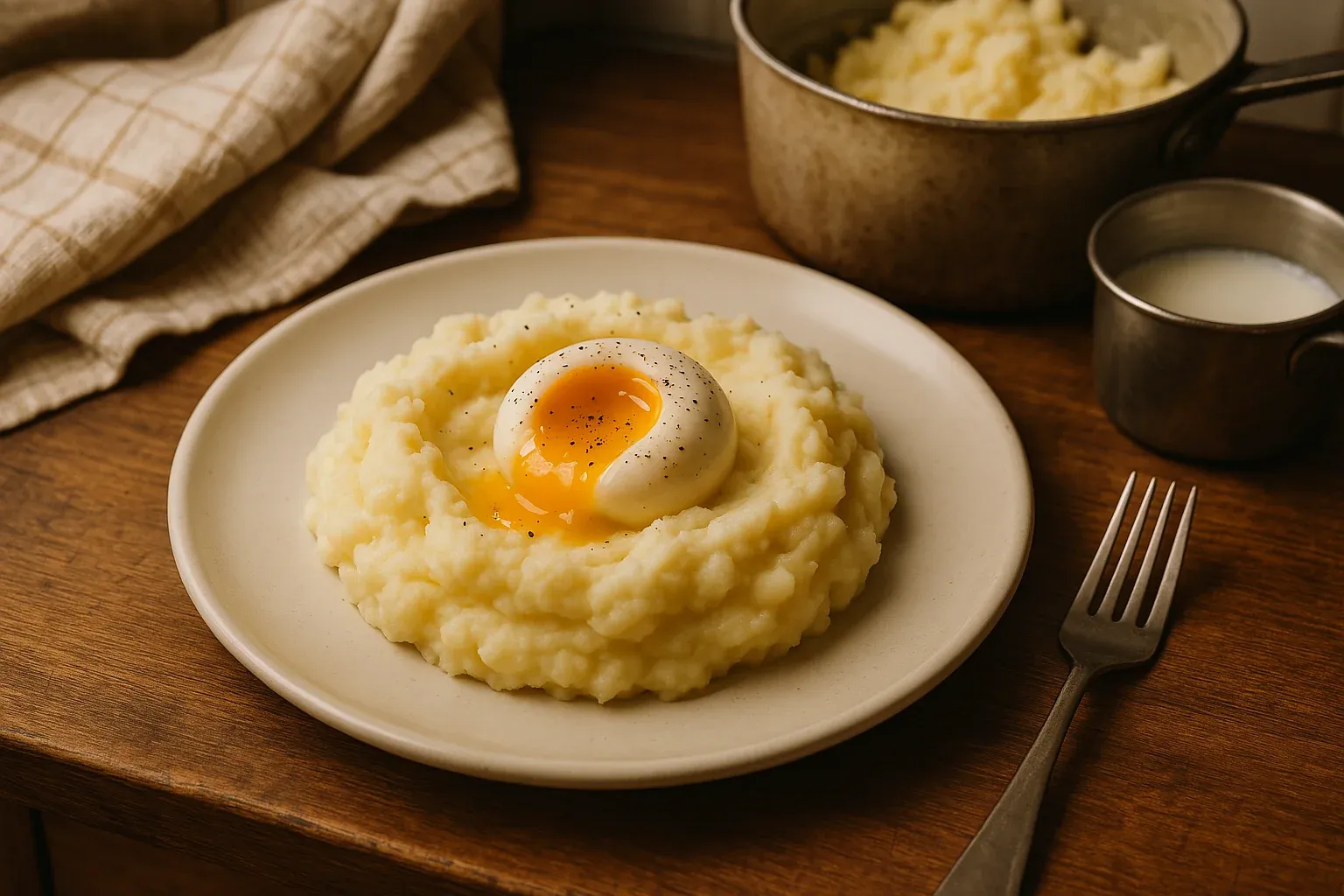 Mashed potatoes topped with a soft-boiled egg, seasoned with black pepper, served on a plate with a fork and a pot of extra mashed potatoes.