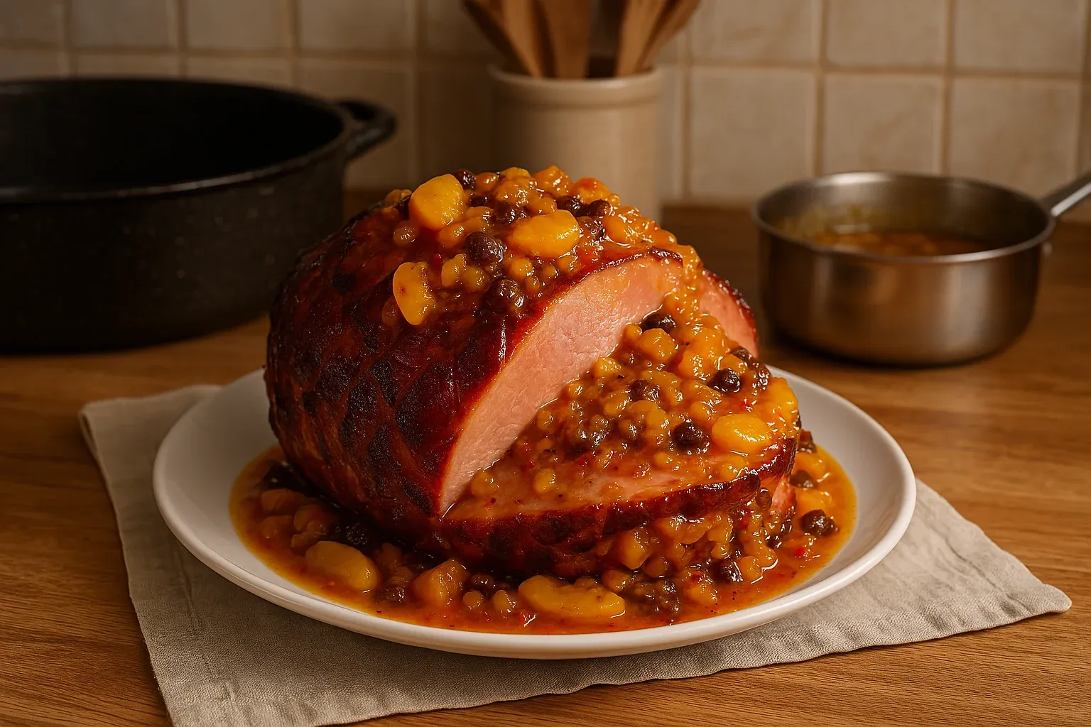 Glazed ham topped with a chunky fruit sauce on a plate, with a pot and kitchen utensils in the background.
