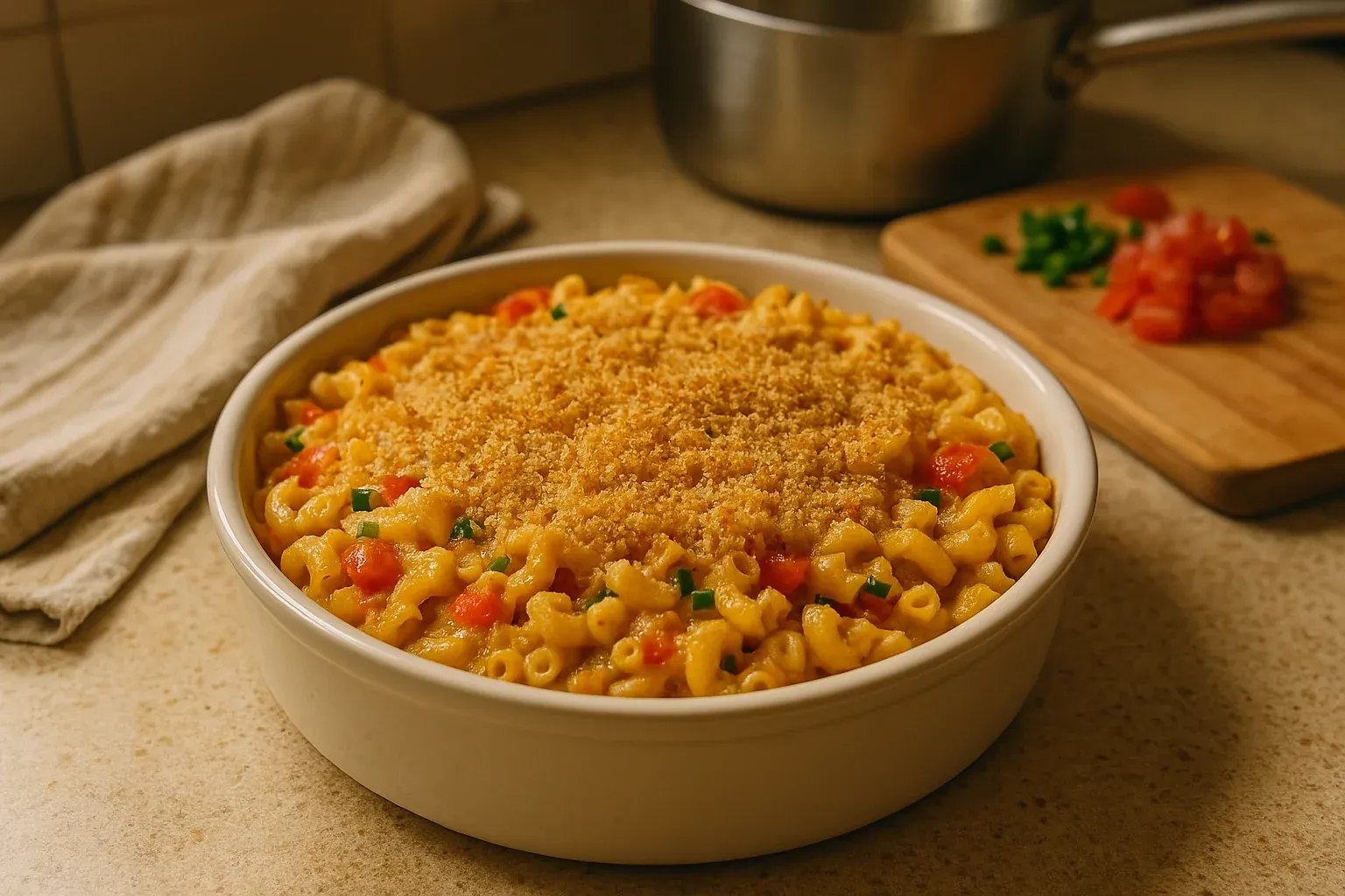 Creamy baked macaroni and cheese topped with golden breadcrumbs and garnished with chopped tomatoes and green onions.