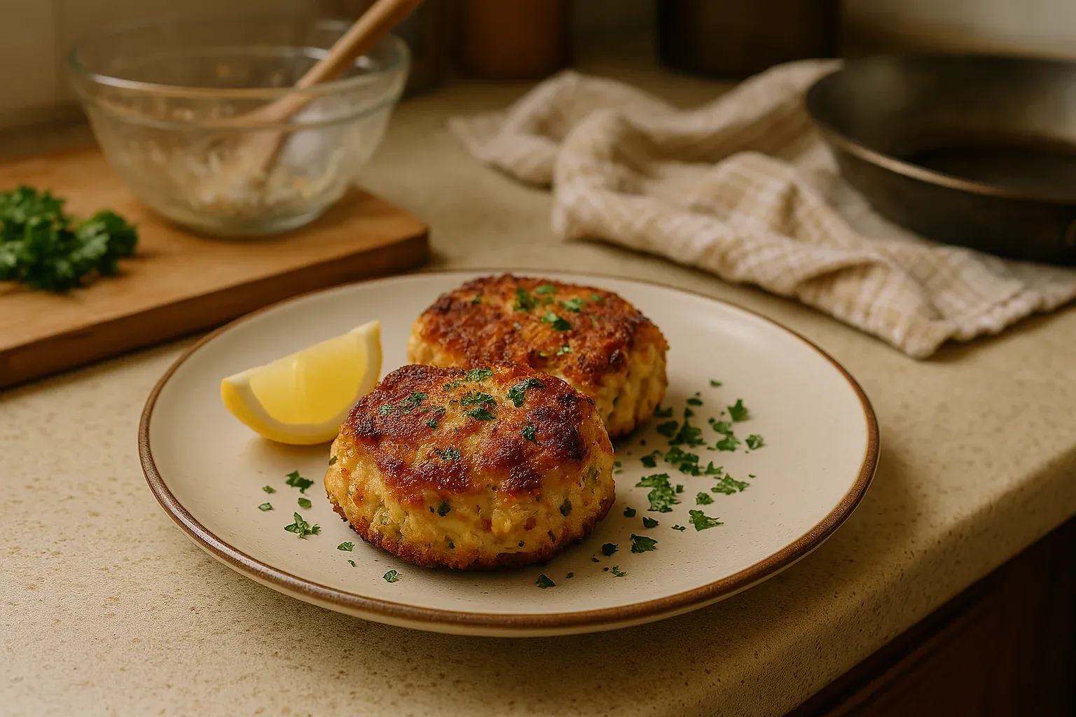 Two golden-brown crab cakes garnished with parsley and a lemon wedge on a plate, with a mixing bowl and chopped herbs in the background.