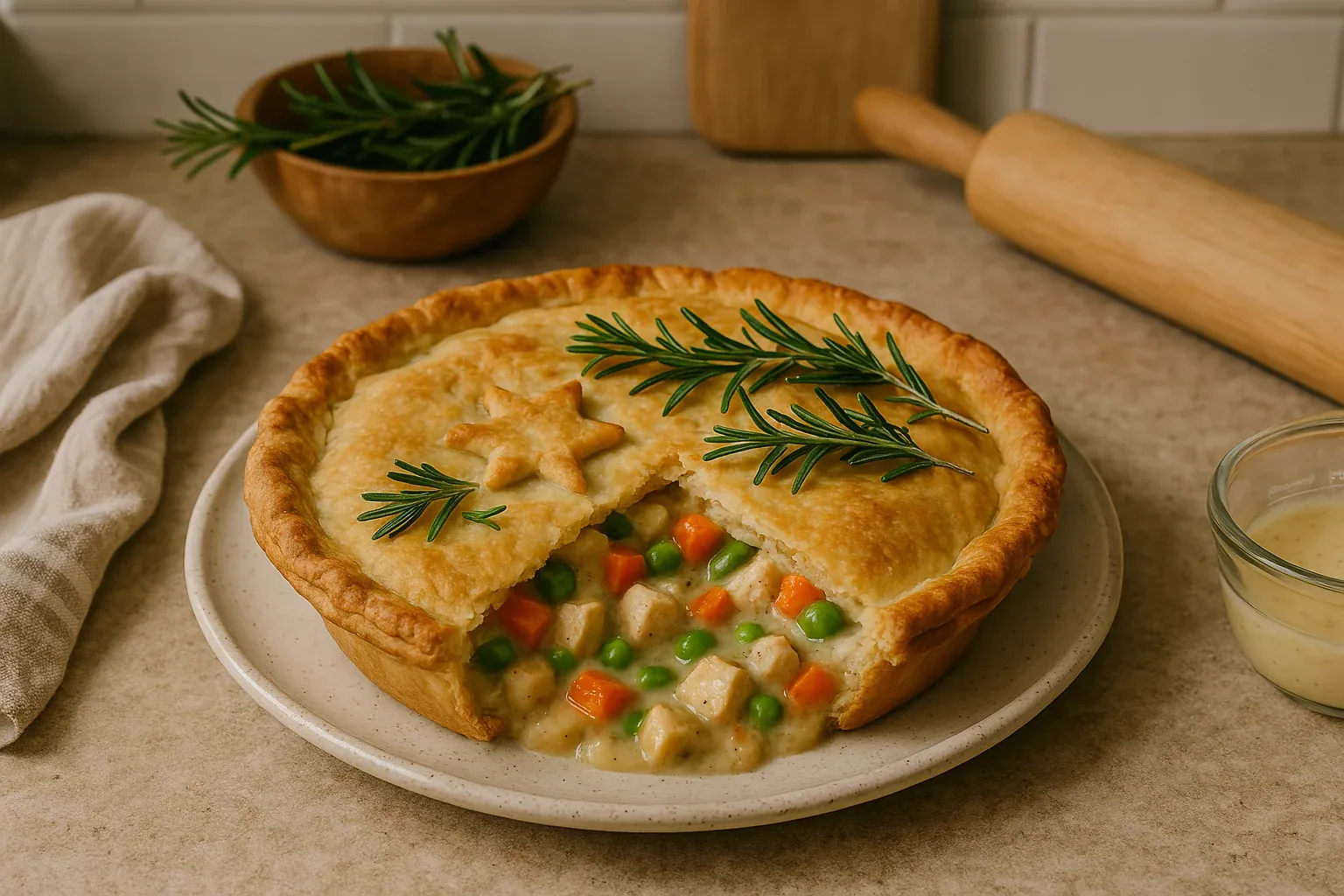 Homemade chicken pot pie with golden crust, garnished with rosemary sprigs, filled with chicken, peas, and carrots in creamy sauce.