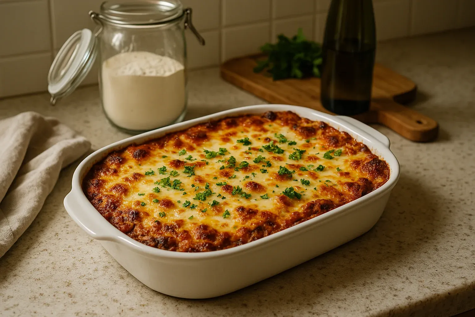 Golden-brown baked lasagna in a white dish, garnished with fresh parsley, sits on a kitchen counter next to a jar of flour.