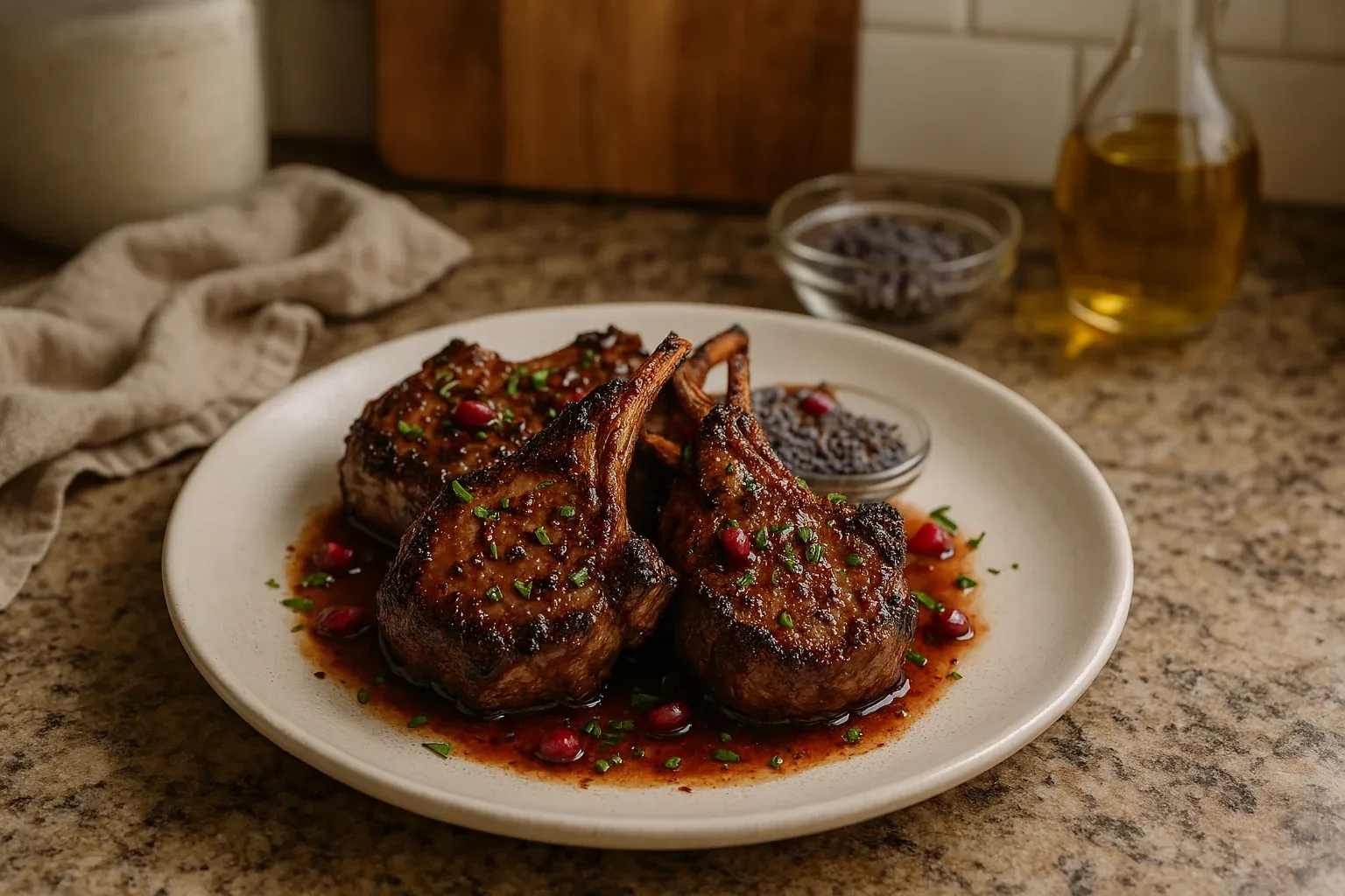 Grilled lamb chops garnished with herbs and pomegranate seeds, served with a side of lavender and olive oil on a marble countertop.