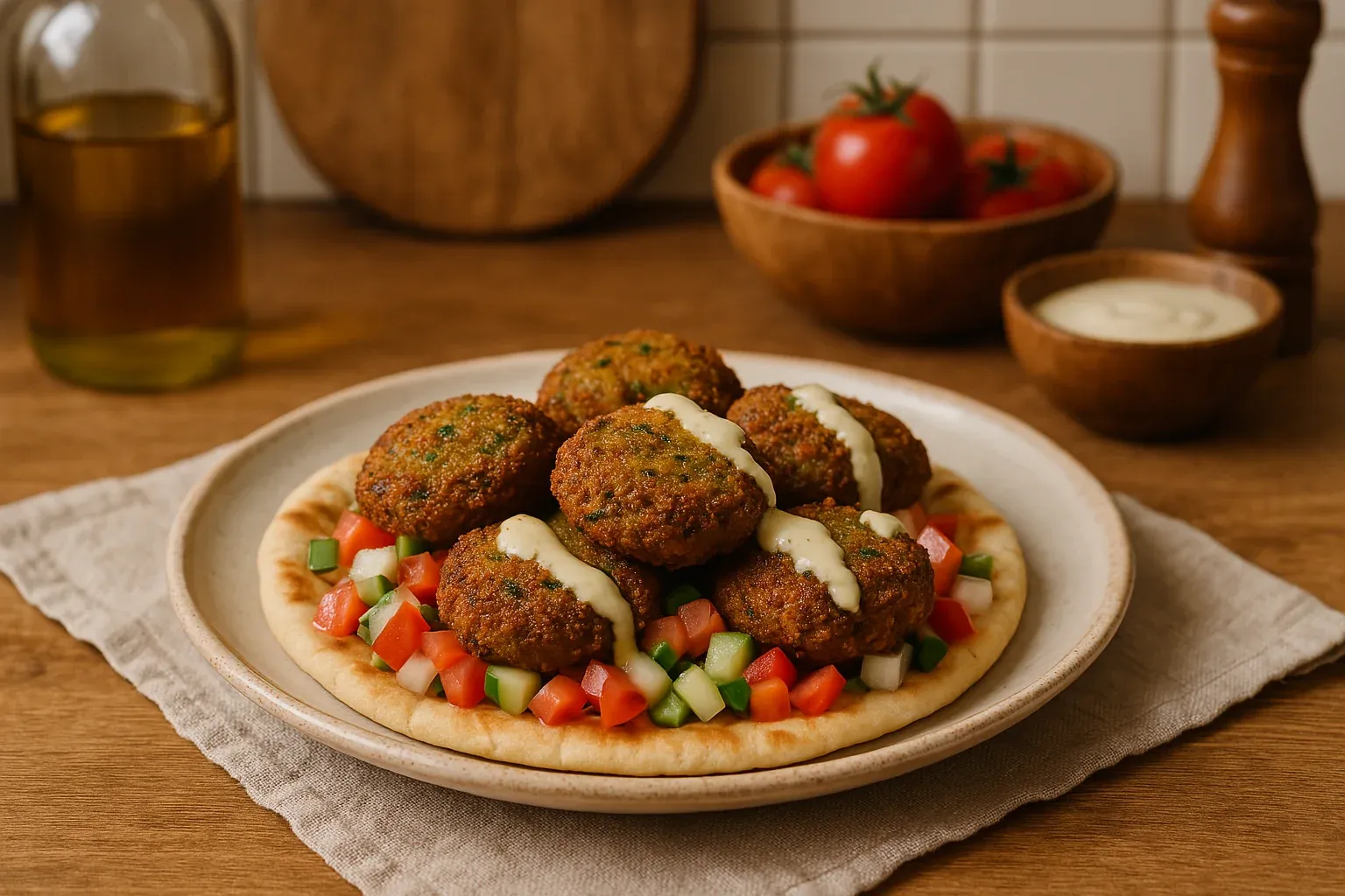 Falafel patties with creamy sauce, served on pita bread with diced tomatoes and cucumbers, ideal for Middle Eastern recipes.