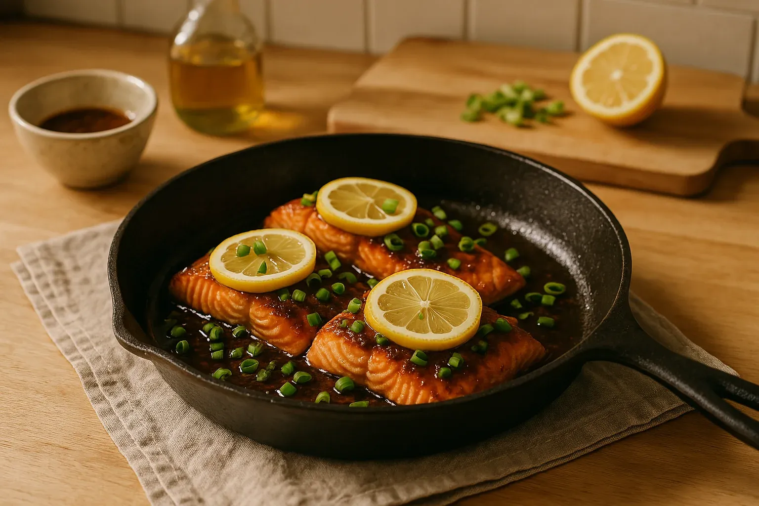 Pan-seared salmon fillets topped with lemon slices and garnished with green onions in a cast iron skillet.