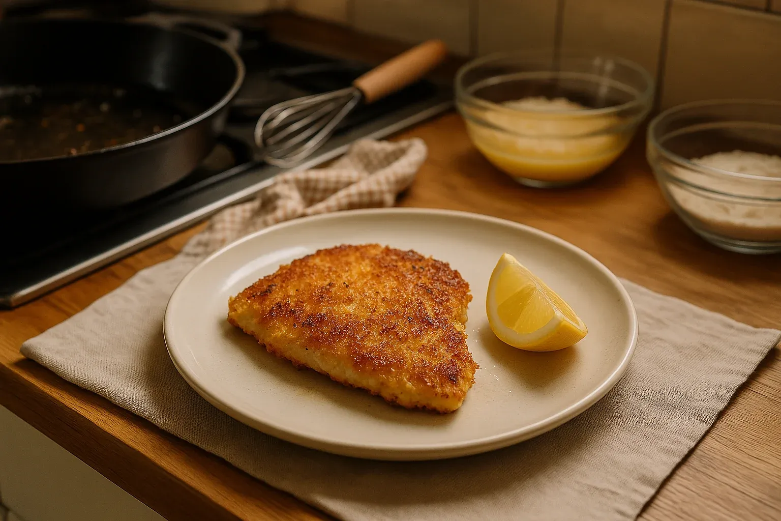 Crispy breaded fish fillet served with a lemon wedge on a plate, with cooking ingredients and a frying pan in the background.