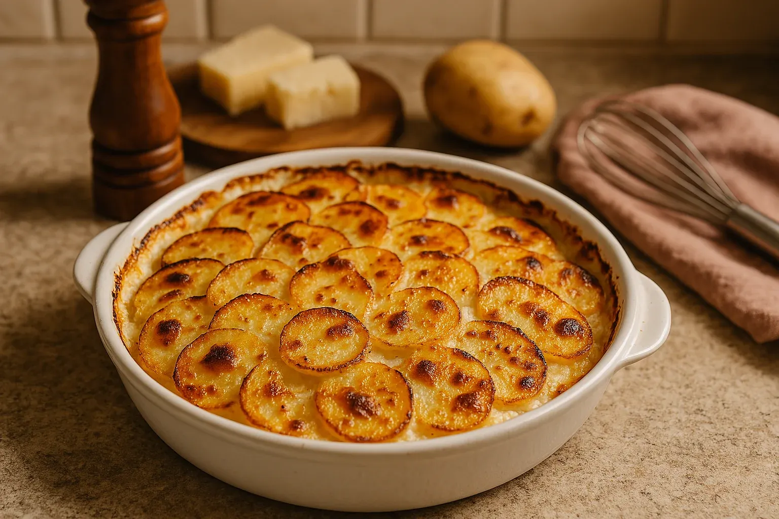 Golden-brown baked potato gratin in a white dish on a kitchen counter, with cheese, potato, and whisk in the background.