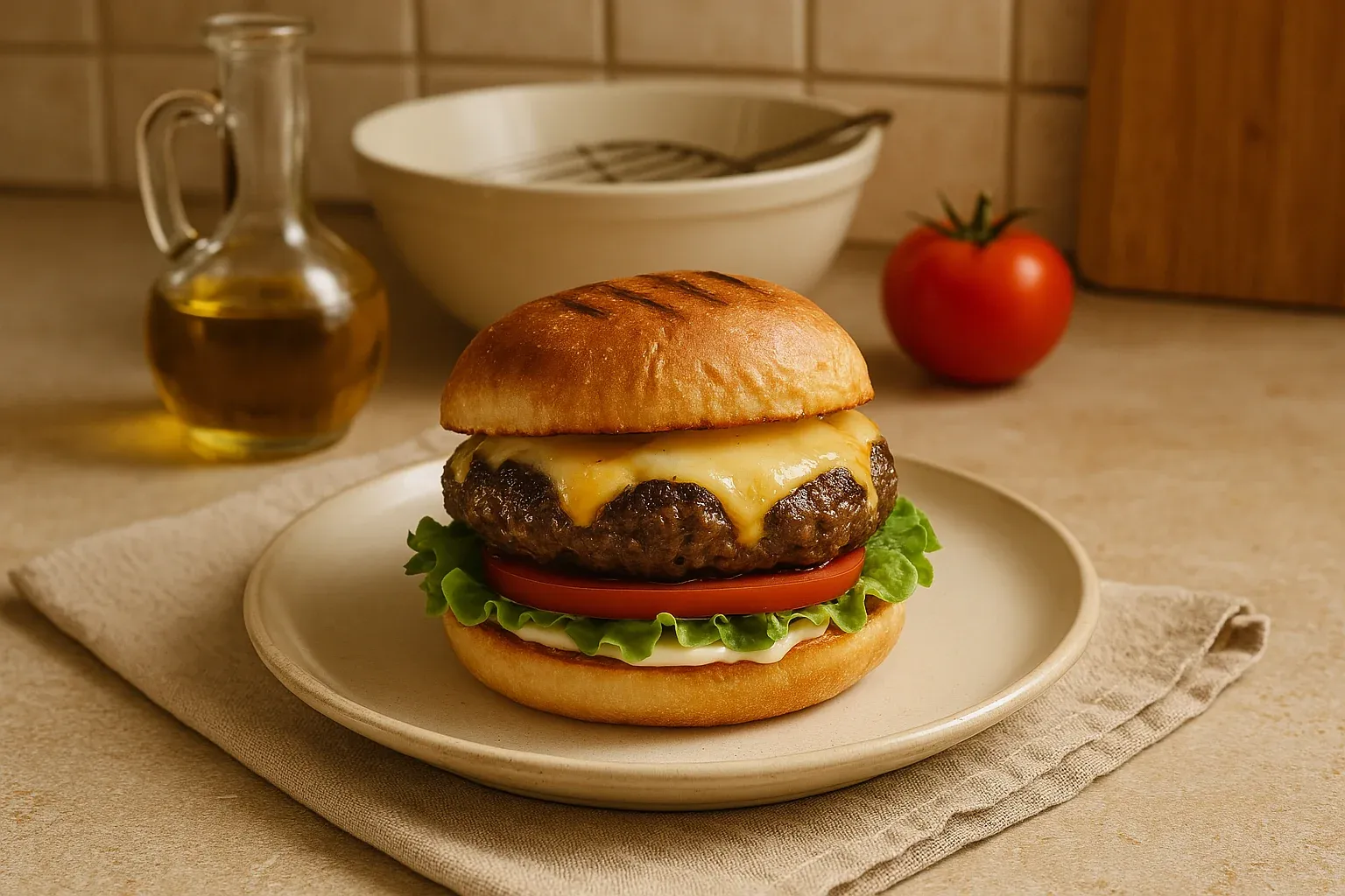 Juicy cheeseburger with lettuce, tomato, and mayo on a toasted bun, set on a plate with kitchen items in the background.