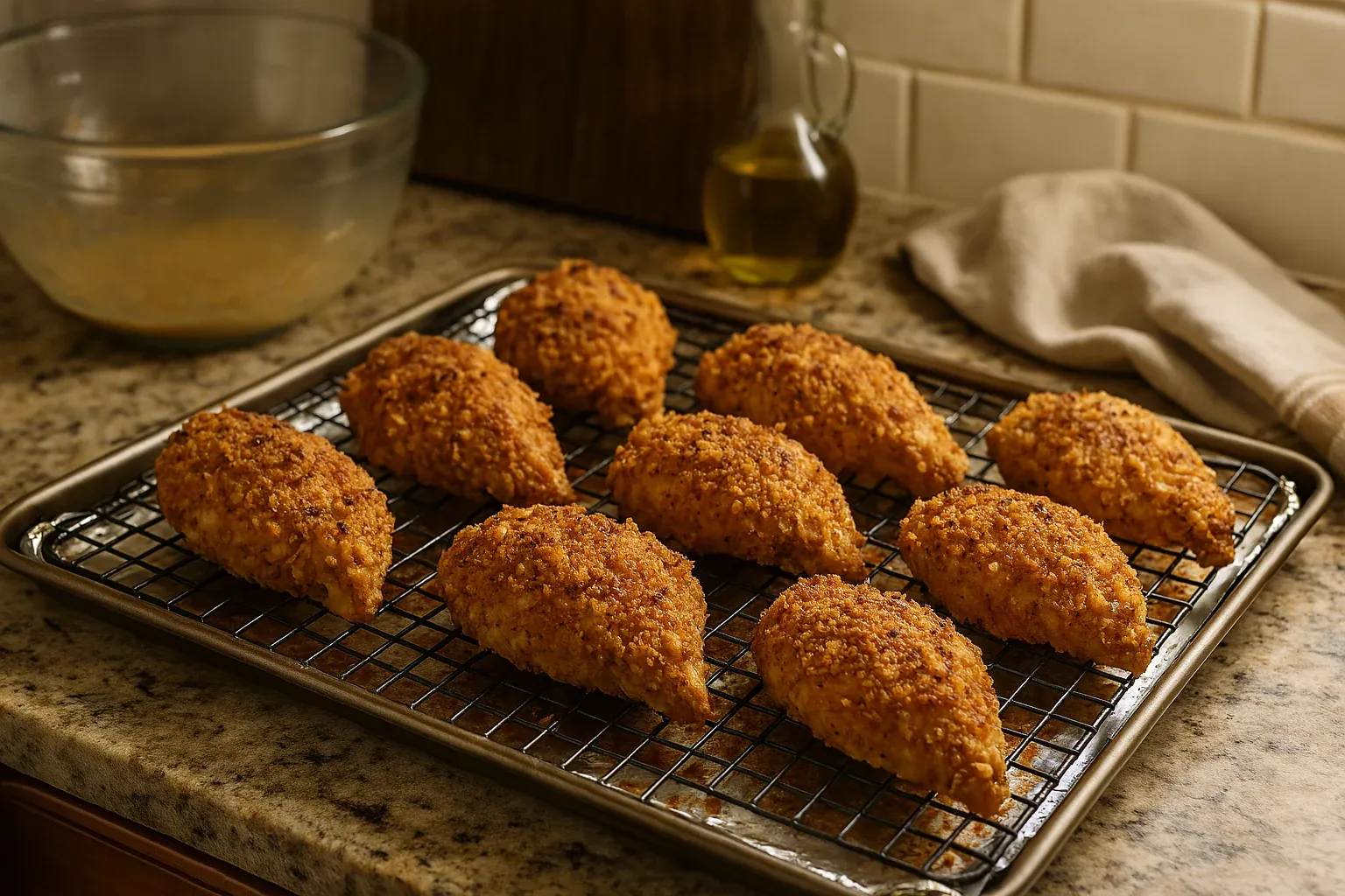 Golden-brown breaded chicken breasts cooling on a wire rack, with a bowl and olive oil bottle in the background on a kitchen counter.