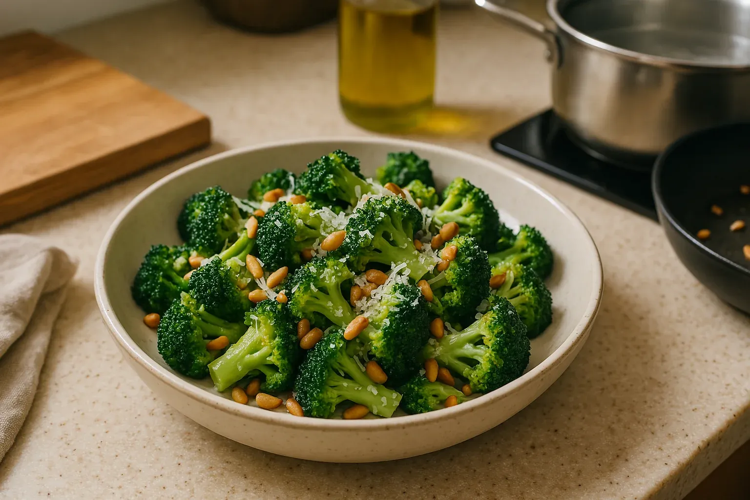 Broccoli salad with pine nuts and grated cheese on a kitchen counter, with a pot and oil bottle in the background.