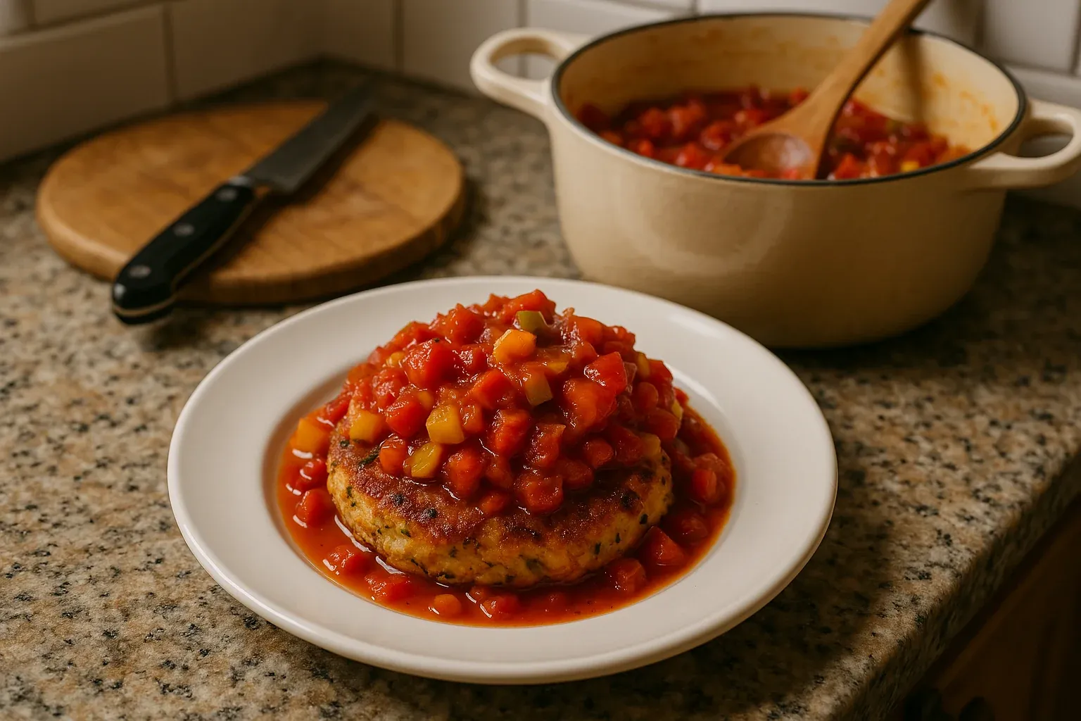 Salmon cake topped with tomato and bell pepper relish on a white plate, with a pot of the relish and cutting board in the background.
