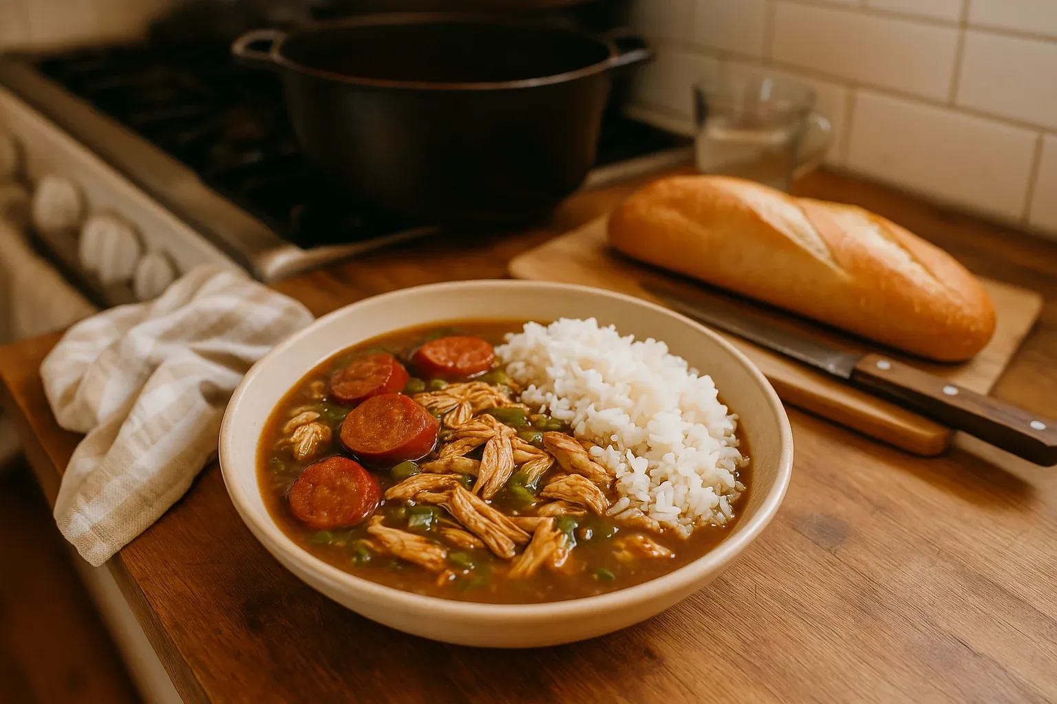 A hearty bowl of gumbo with sausage, shredded chicken, and white rice, served with a fresh loaf of bread on a wooden kitchen counter.