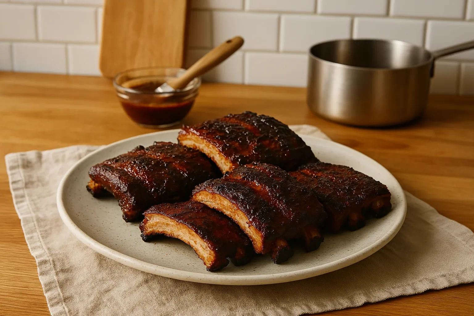 Plate of glazed barbecue ribs with a bowl of sauce and a saucepan in the background on a wooden countertop.