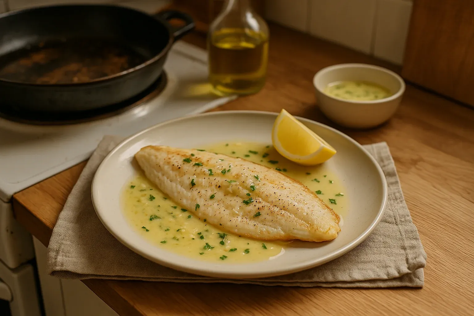 Pan-seared fish fillet with lemon butter sauce and parsley, served with a lemon wedge on a white plate.