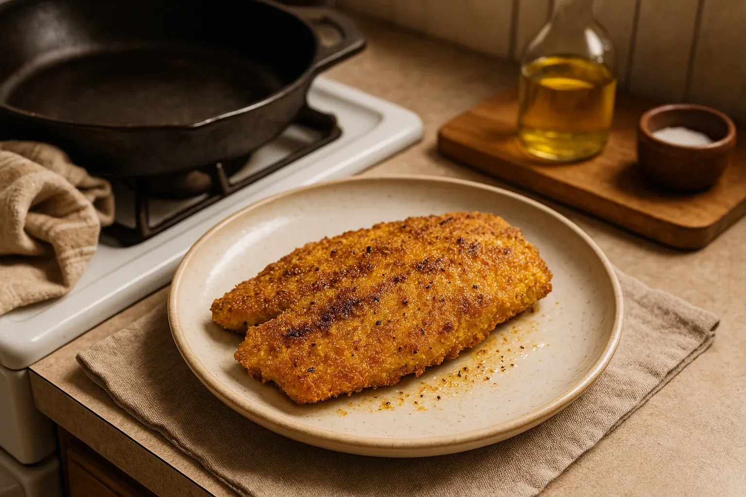 Golden-brown breaded fish fillet on a plate with a cast iron skillet, olive oil, and salt in the background.