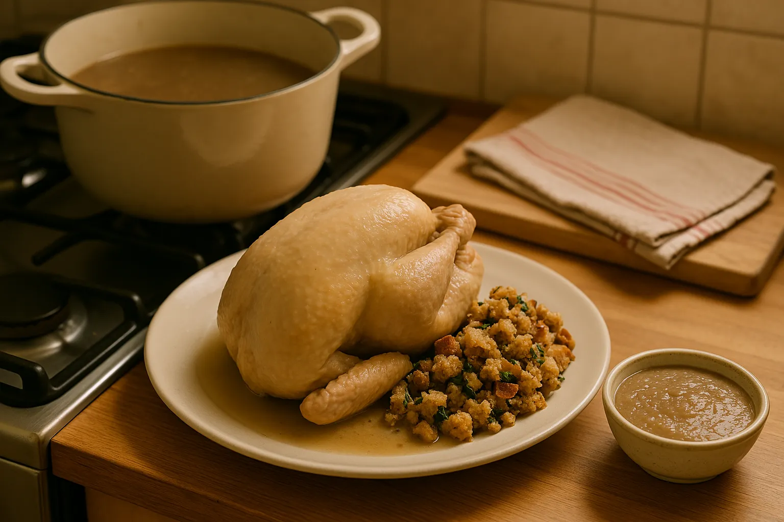 Steamed chicken with bread stuffing and gravy served on a plate, with a pot of broth in the background.