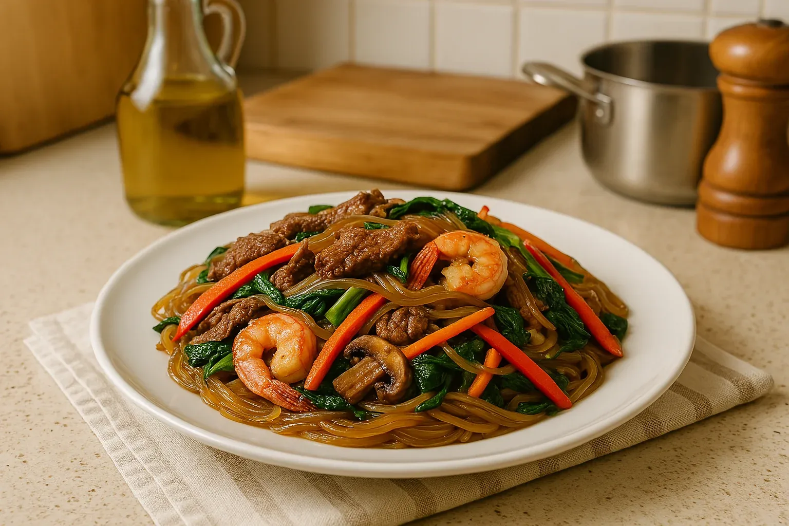 Stir-fried glass noodles with shrimp, beef, spinach, carrots, and mushrooms served on a white plate in a kitchen setting.