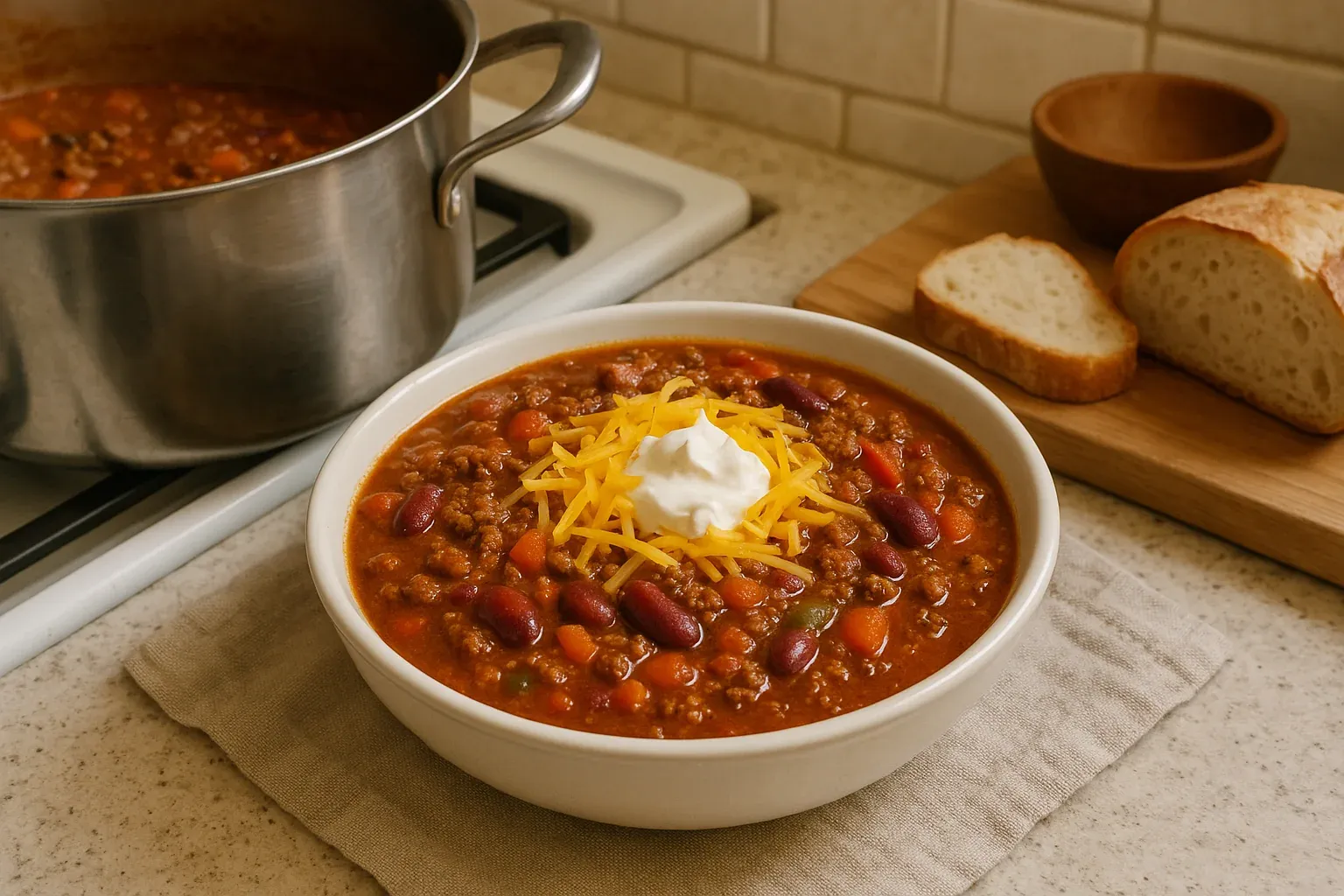 Hearty chili topped with shredded cheese and sour cream, served with bread slices.