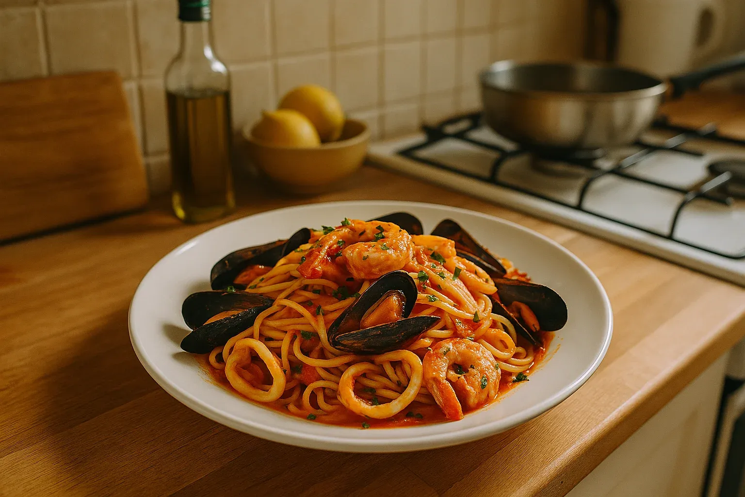 Seafood pasta with mussels, shrimp, and calamari in tomato sauce on a white plate, placed on a wooden kitchen counter near a stove.