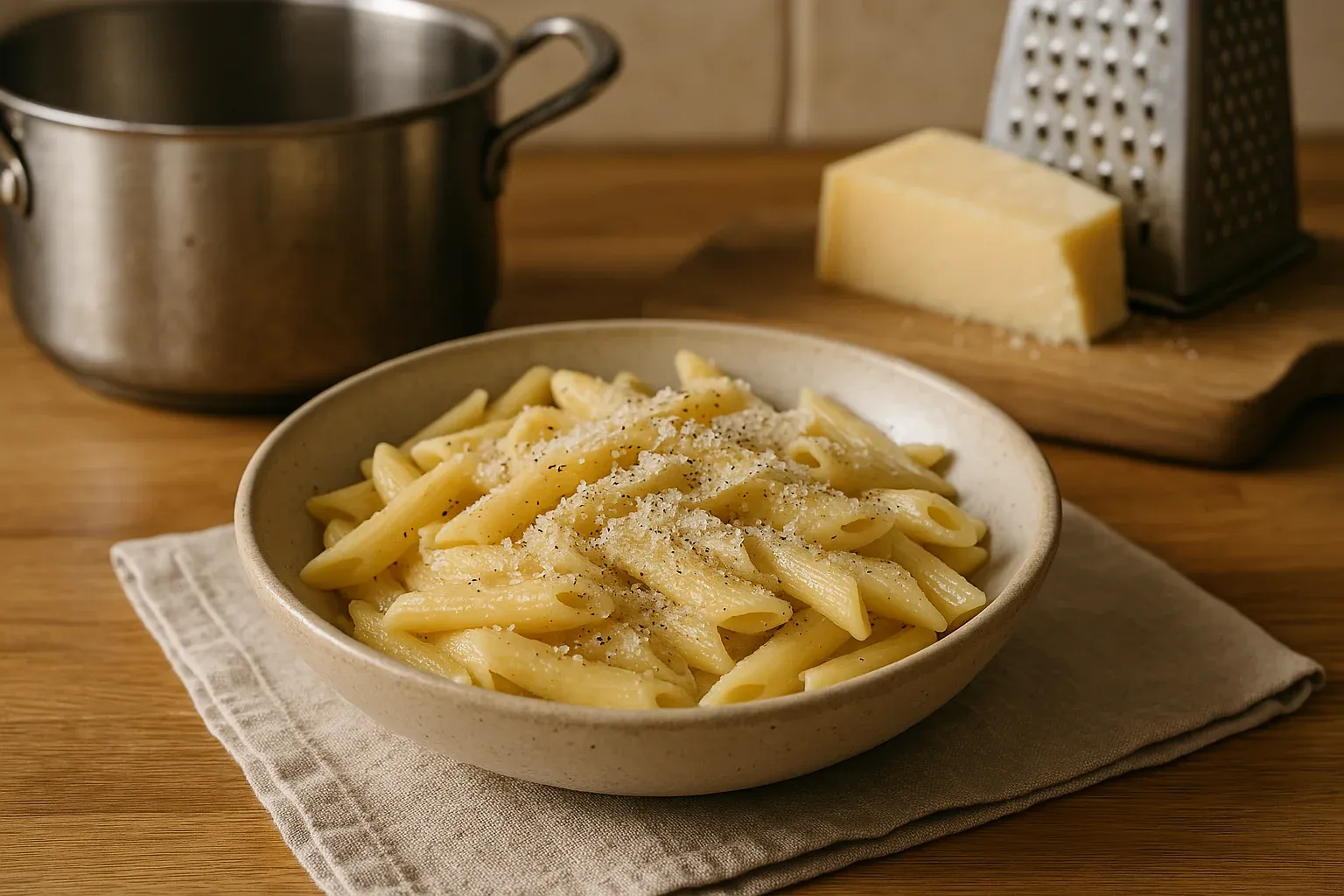 Creamy penne pasta topped with grated cheese and black pepper in a bowl, with a cheese grater and pot in the background.