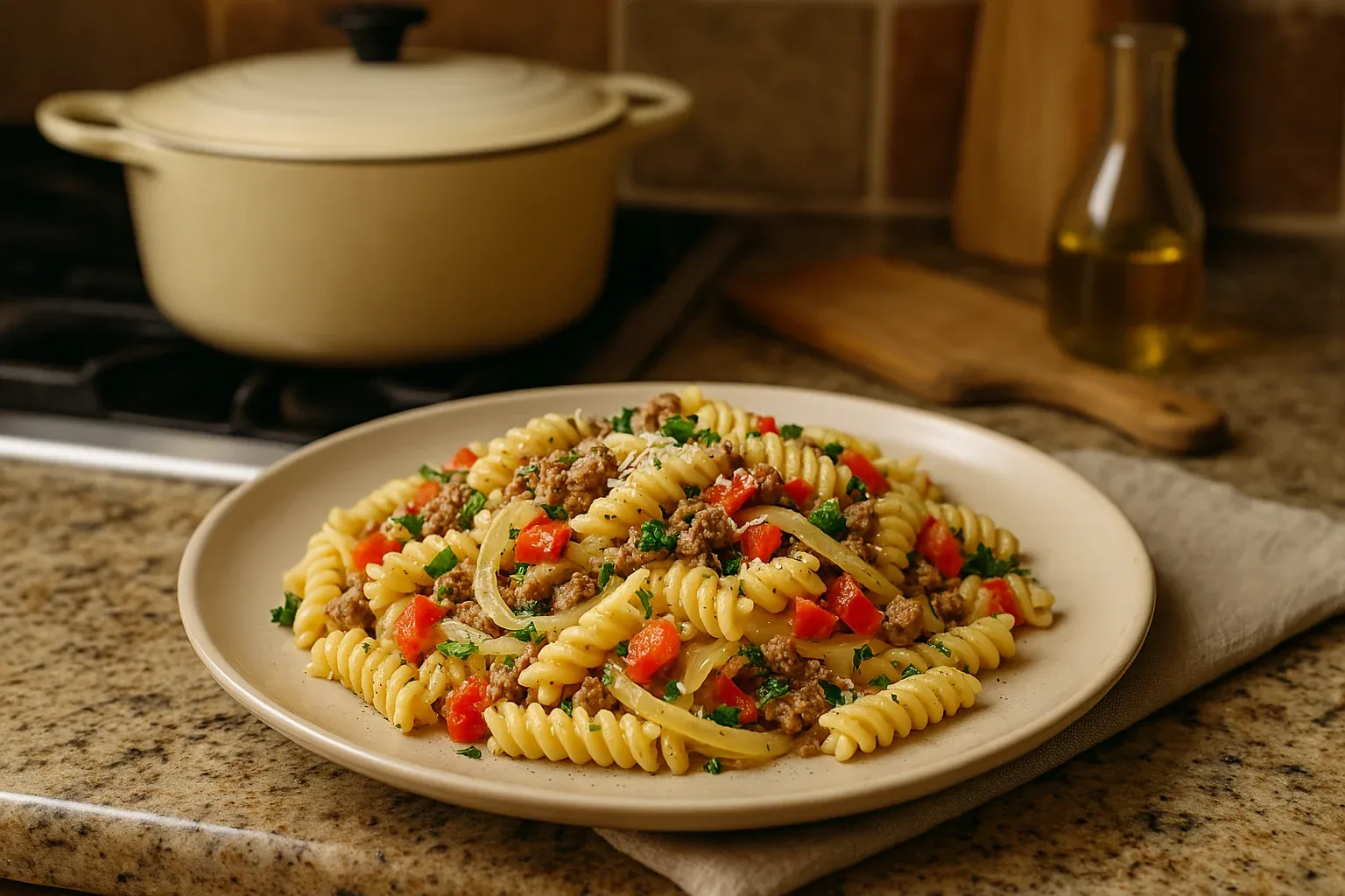 Hearty pasta with ground meat, diced tomatoes, and parsley on a beige plate, with a pot and oil bottle in the background.